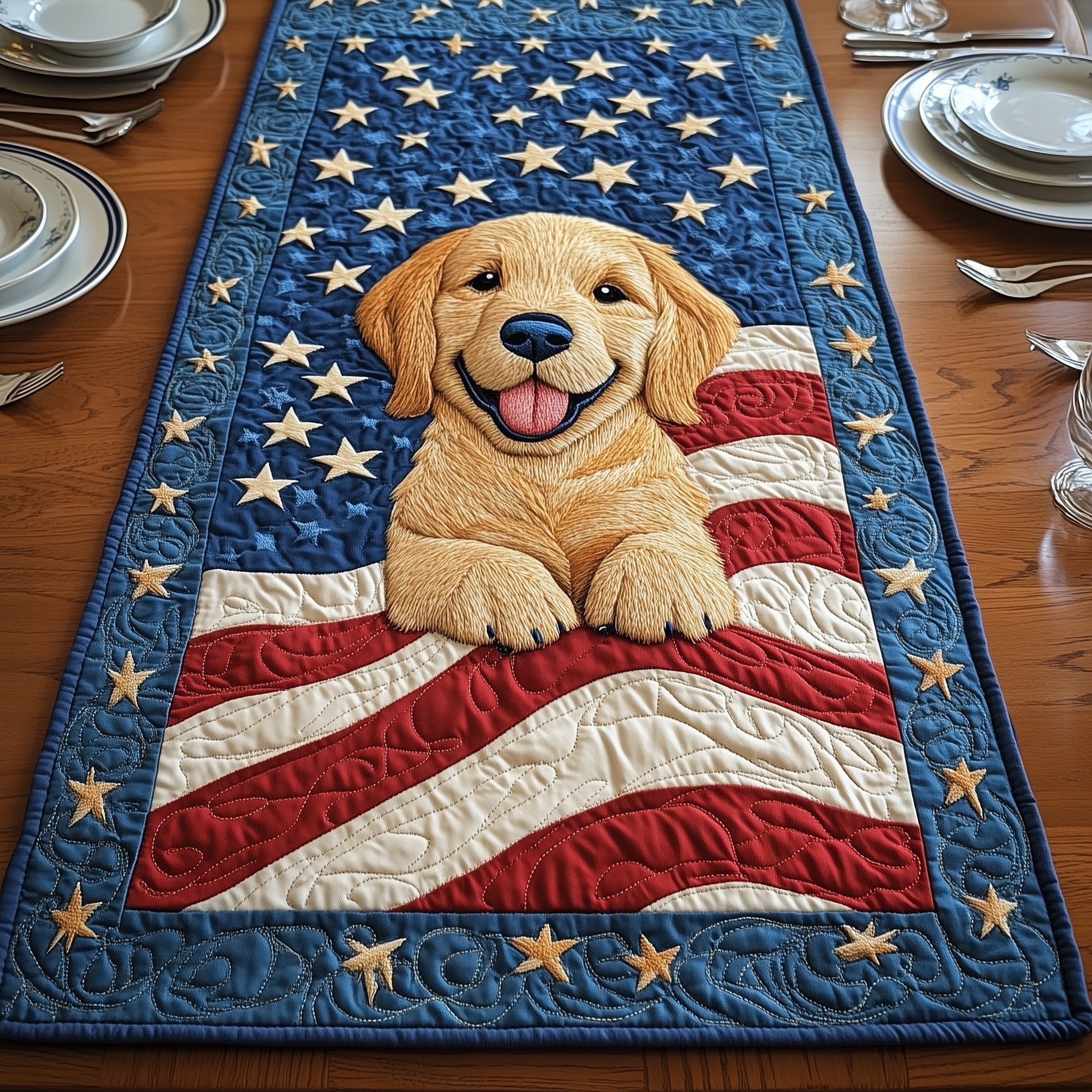 Golden Puppy on American Flag Table Runner