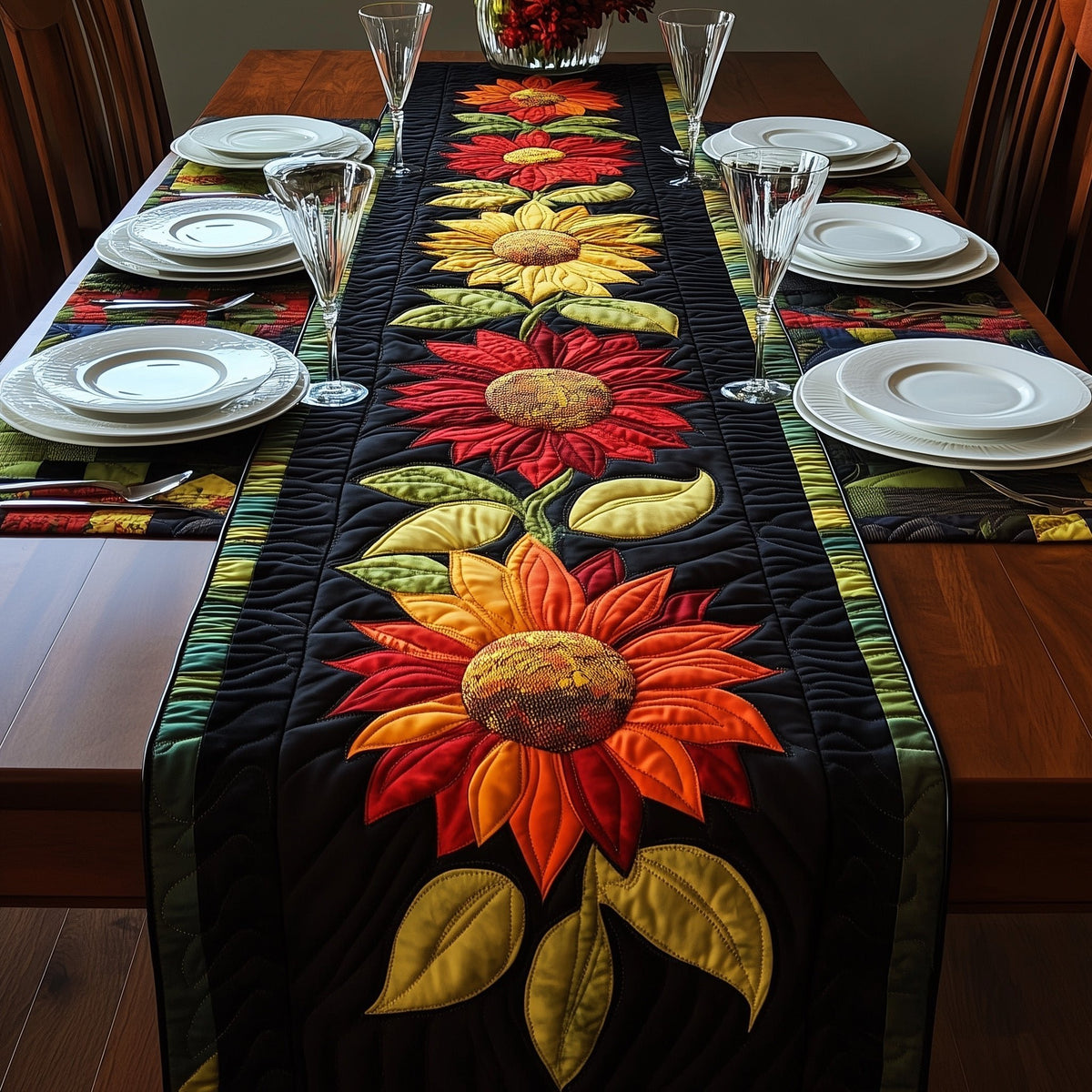 Orange and Red Sunflowers on Black Table Runner