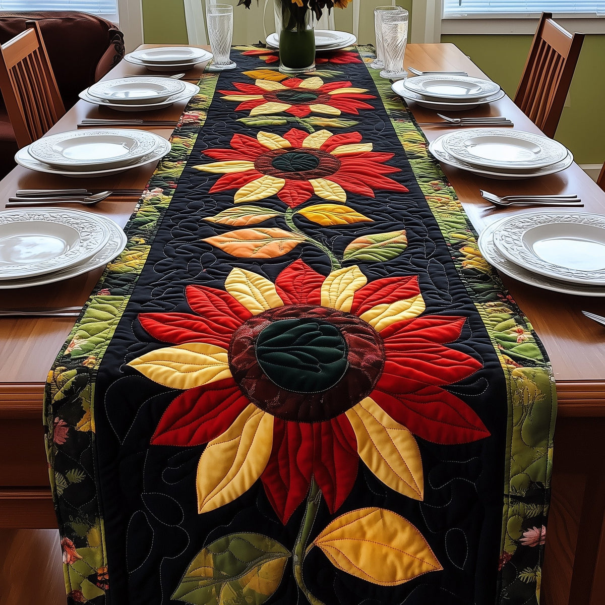 Red and Yellow Sunflower on Black Table Runner