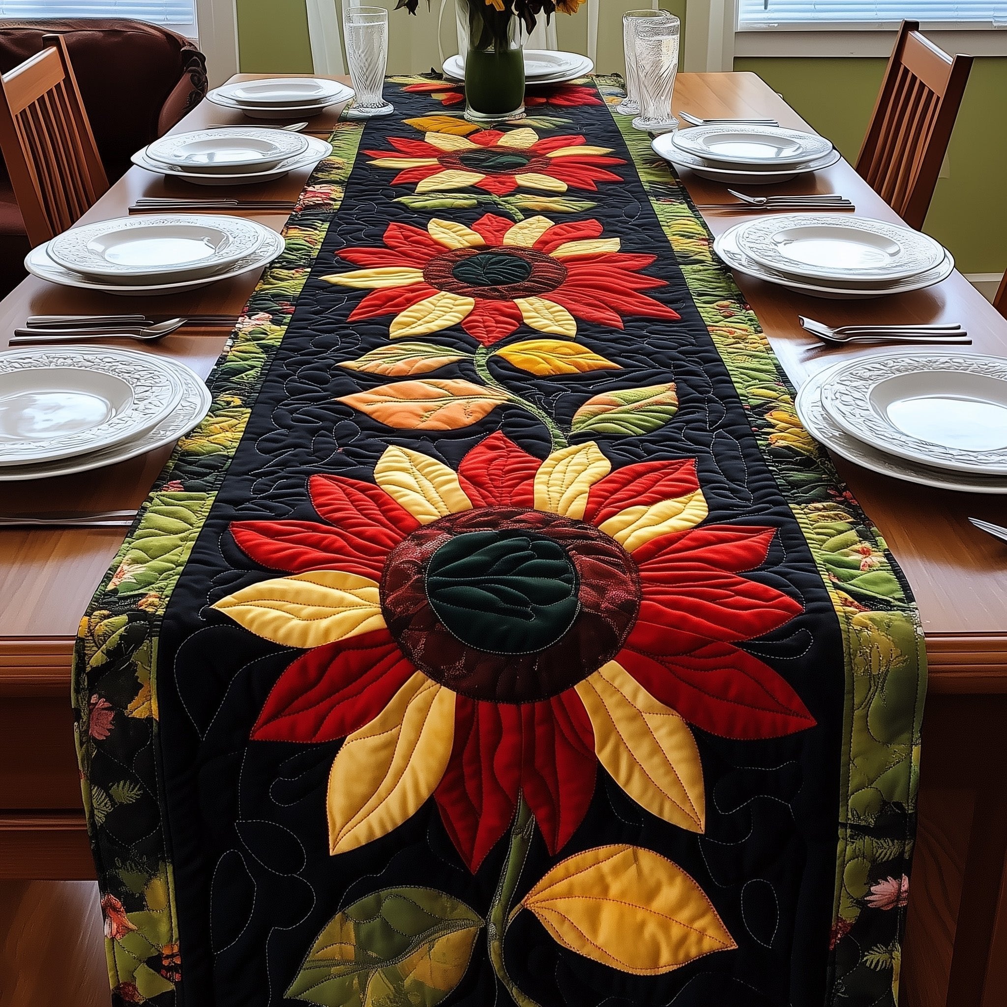 Red and Yellow Sunflower on Black Table Runner