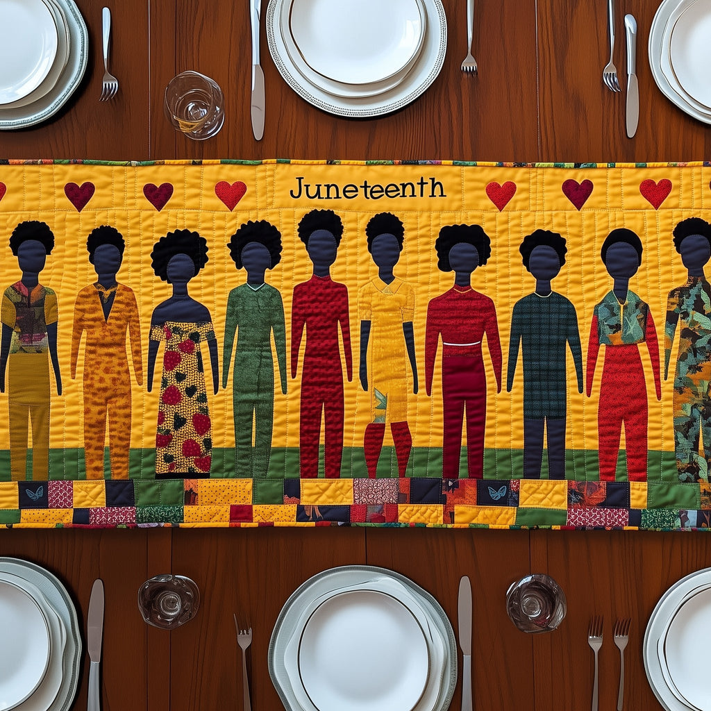 Juneteenth Figures with Hearts on Yellow Table Runner