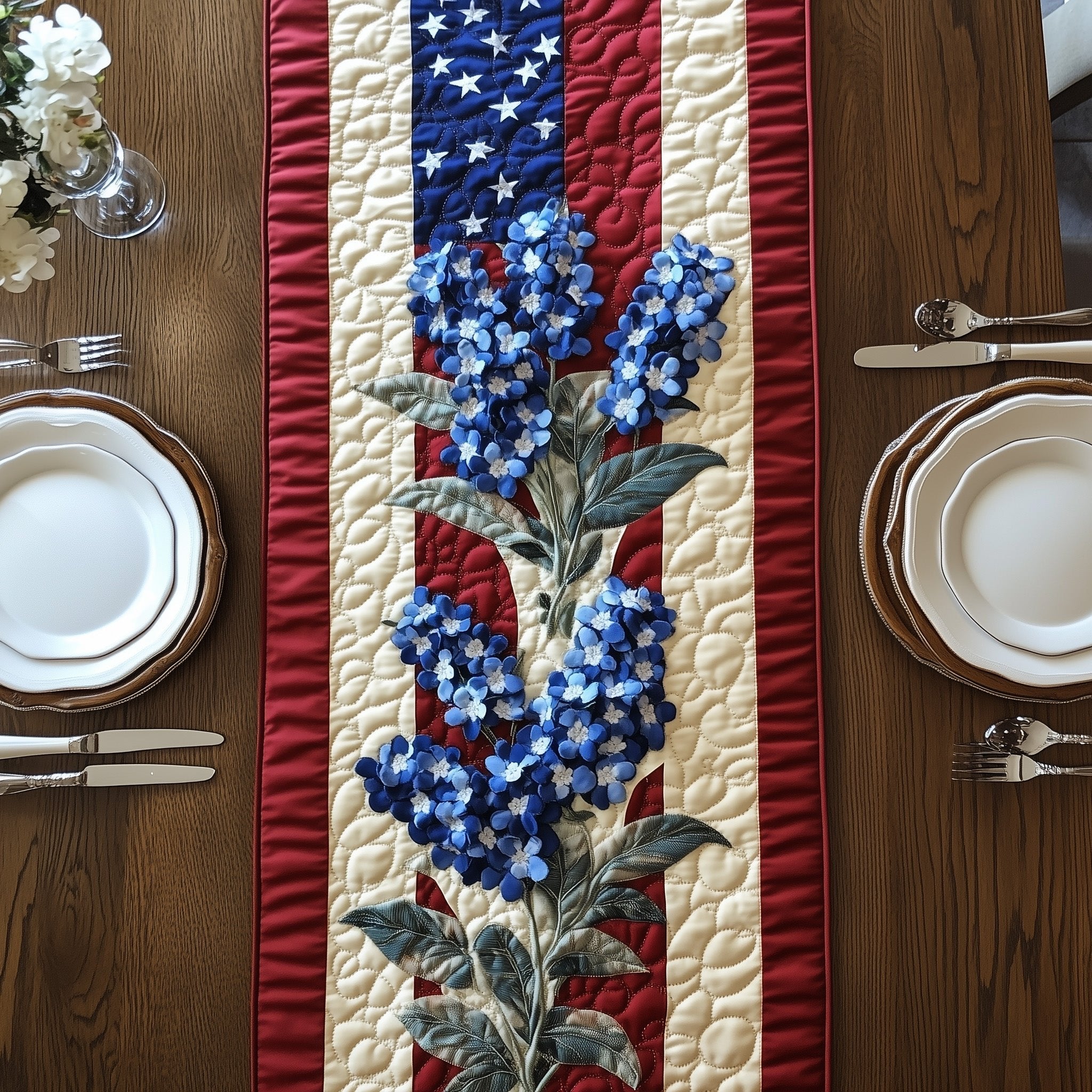 Bluebonnets on Red and Cream Stripes Table Runner