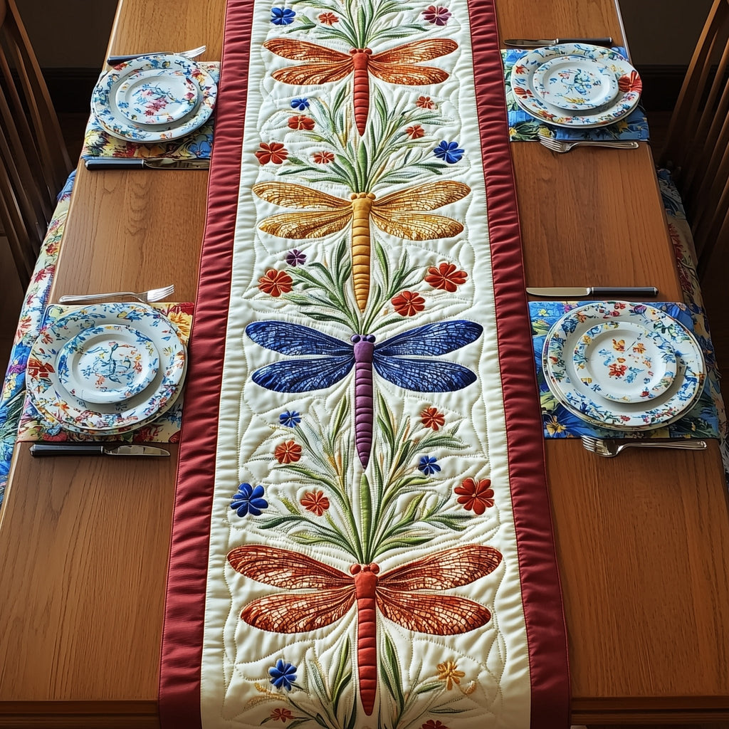 Dragonflies and Flowers on Cream Table Runner
