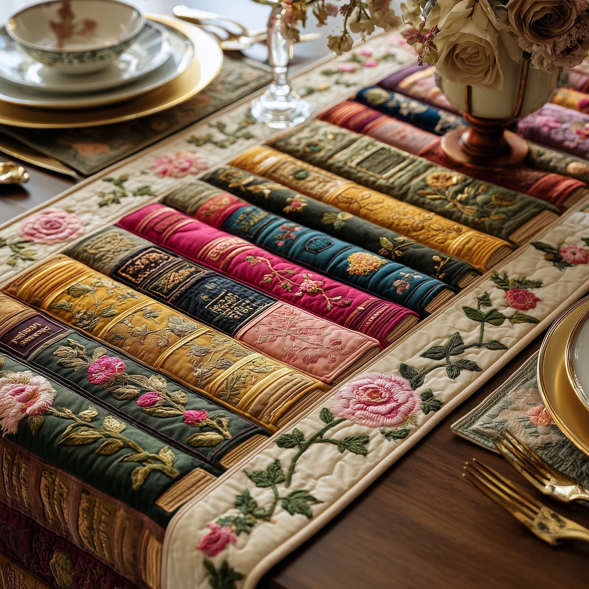 Books with Roses on Cream Table Runner
