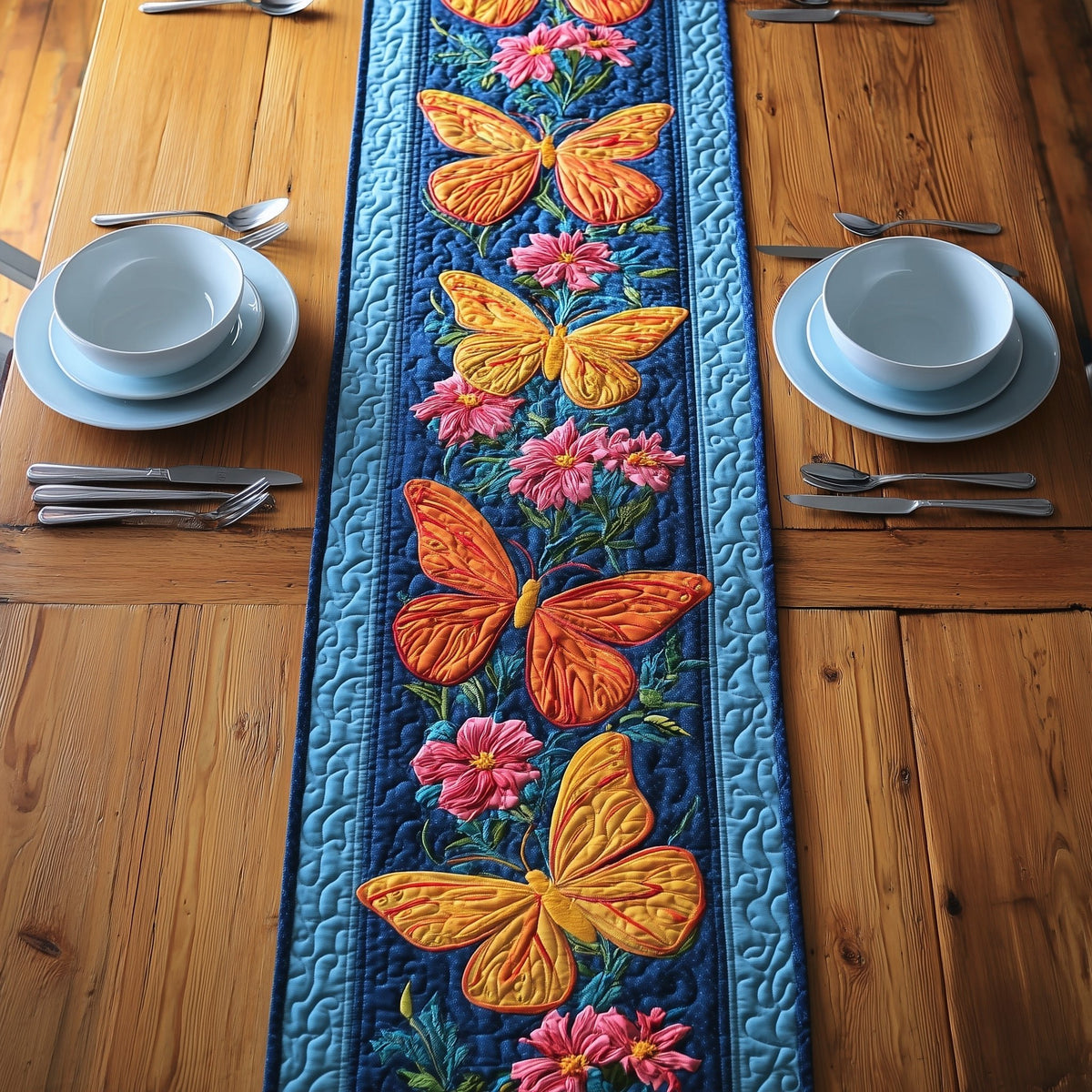 Orange Butterflies on Blue Border Table Runner