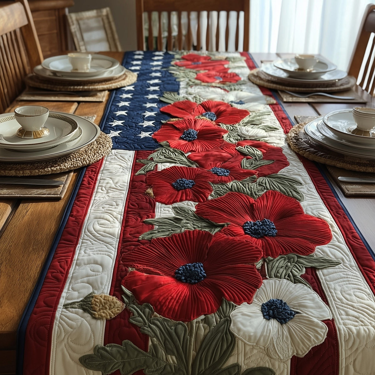 Red Poppies on Stars and Stripes Table Runner
