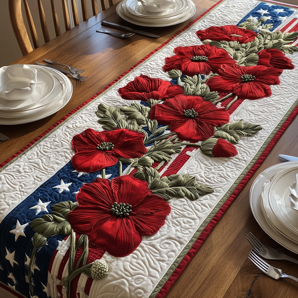 Poppies with Star Spangled Border Table Runner