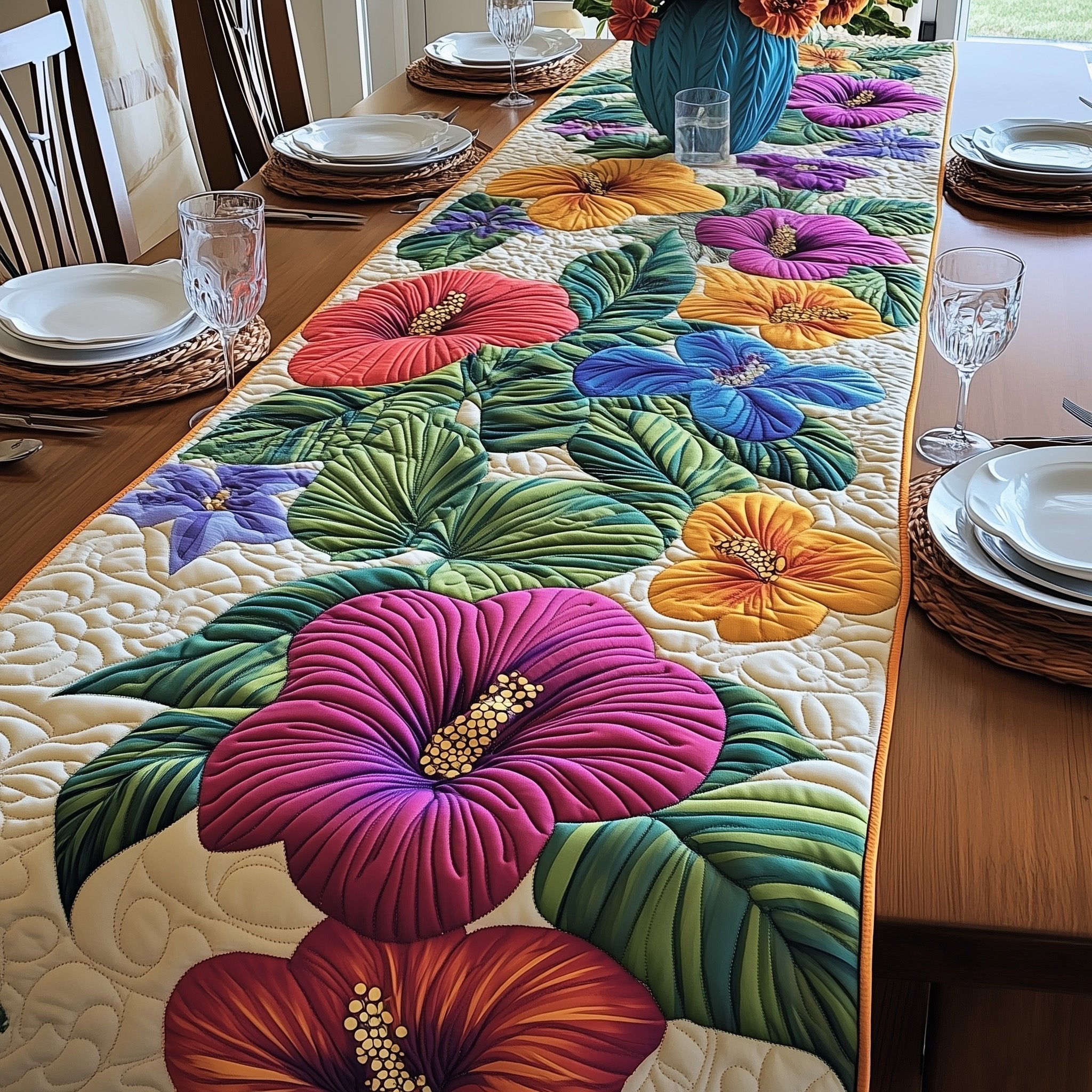 Rainbow Hibiscus Garden on Cream Table Runner