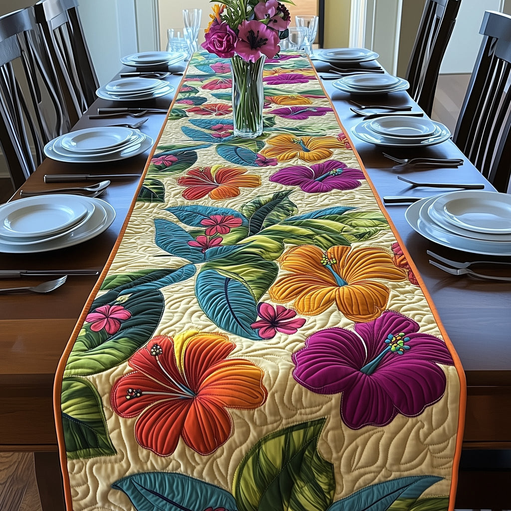 Bright Hibiscus Blossoms and Tropical Leaves Table Runner