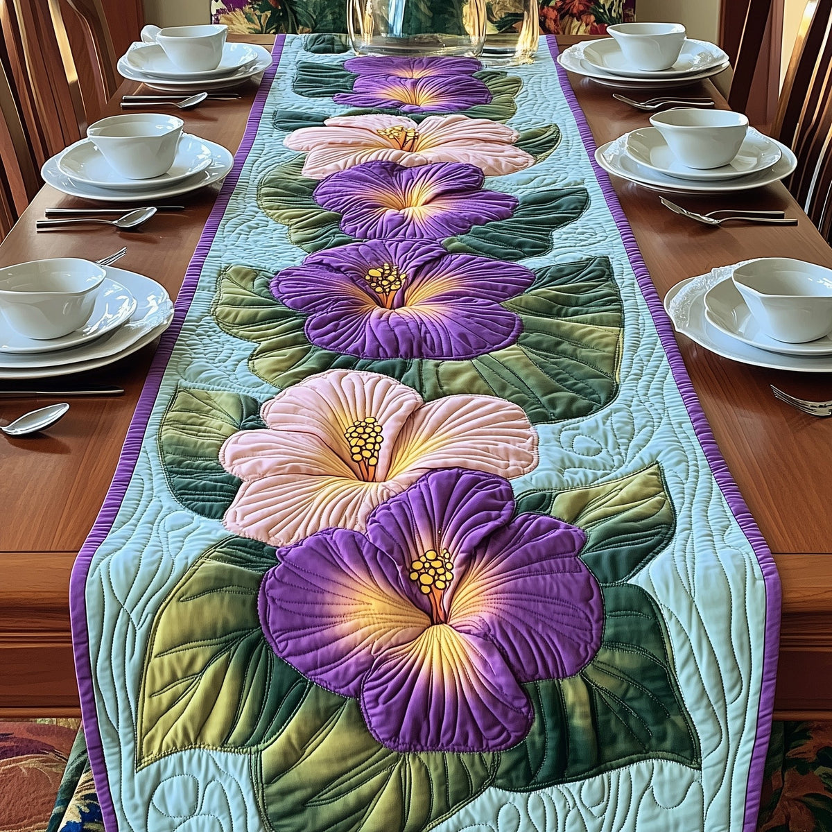 Purple and Pink Hibiscus Blooms Table Runner