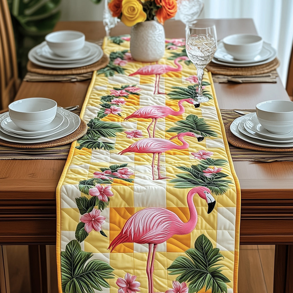 Flamingos on Yellow Tropical Panel Table Runner