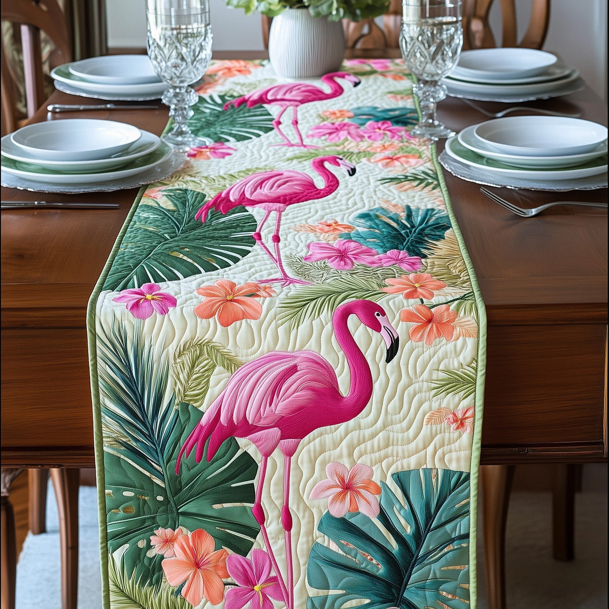 Flamingo Among Palm Leaves Table Runner