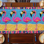 Four Flamingos in Sunglasses on Blue Table Runner