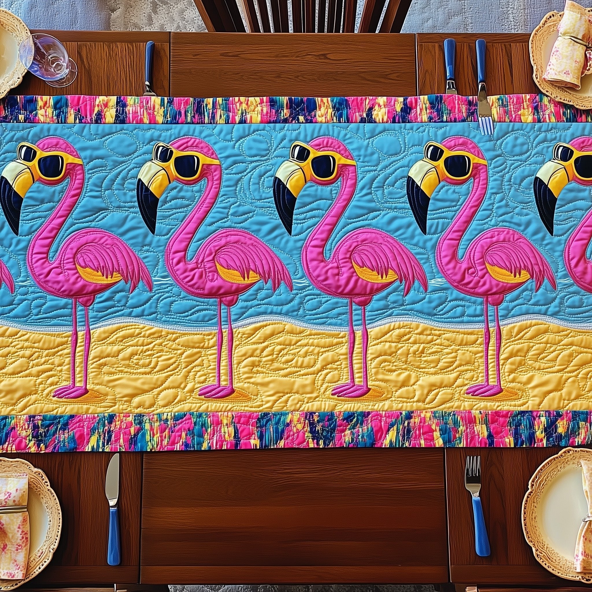 Four Flamingos in Sunglasses on Blue Table Runner