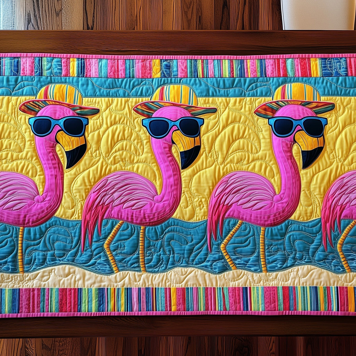 Flamingos with Shades on Yellow Table Runner
