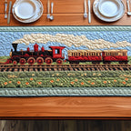 Red Steam Train Across Green Fields Table Runner