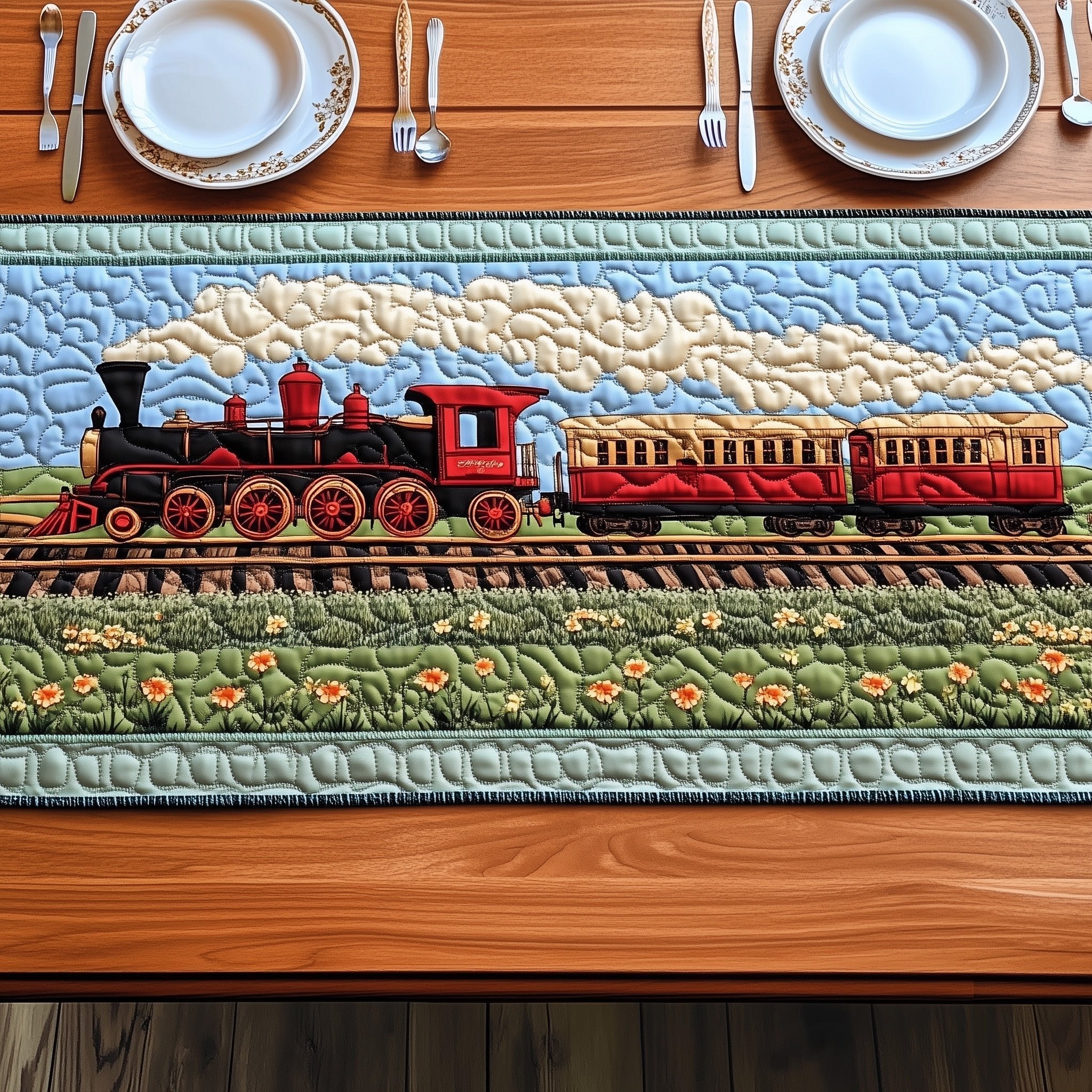 Red Steam Train Across Green Fields Table Runner