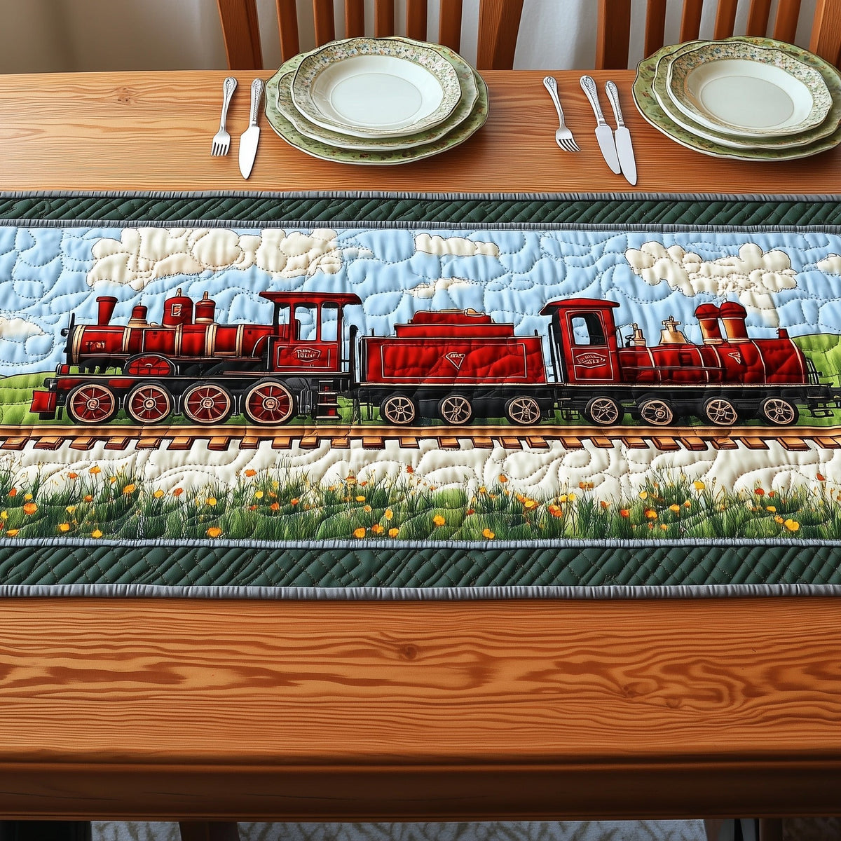Red Locomotive on Country Rails Table Runner