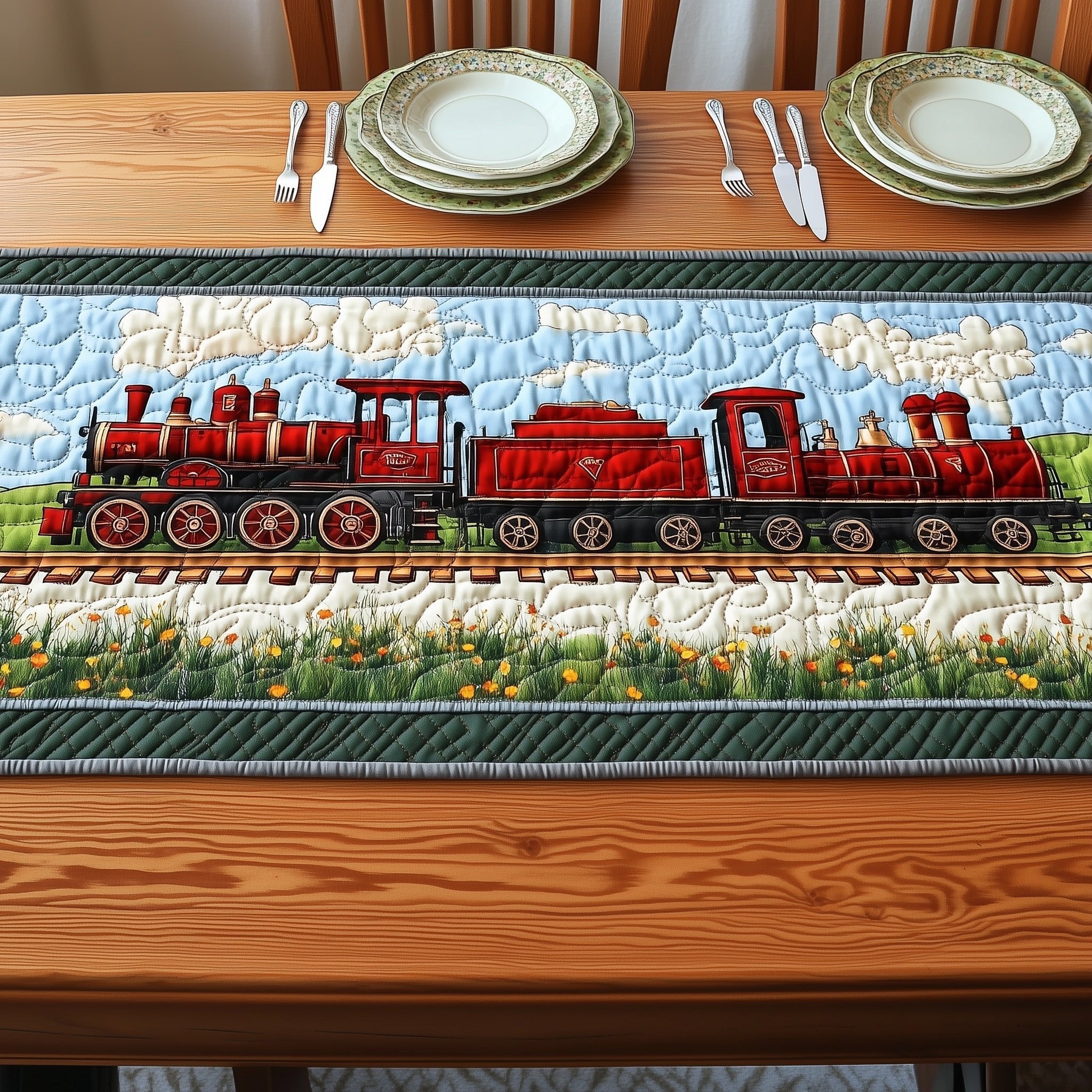 Red Locomotive on Country Rails Table Runner
