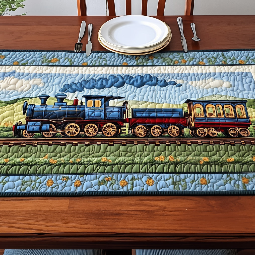 Blue Steam Train on Prairie Track Table Runner