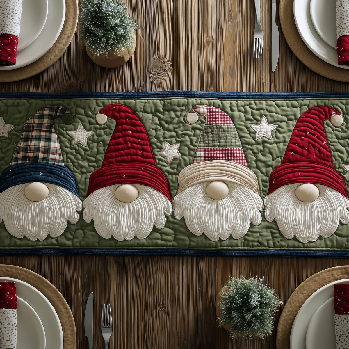 Three Gnomes on Green Border Table Runner