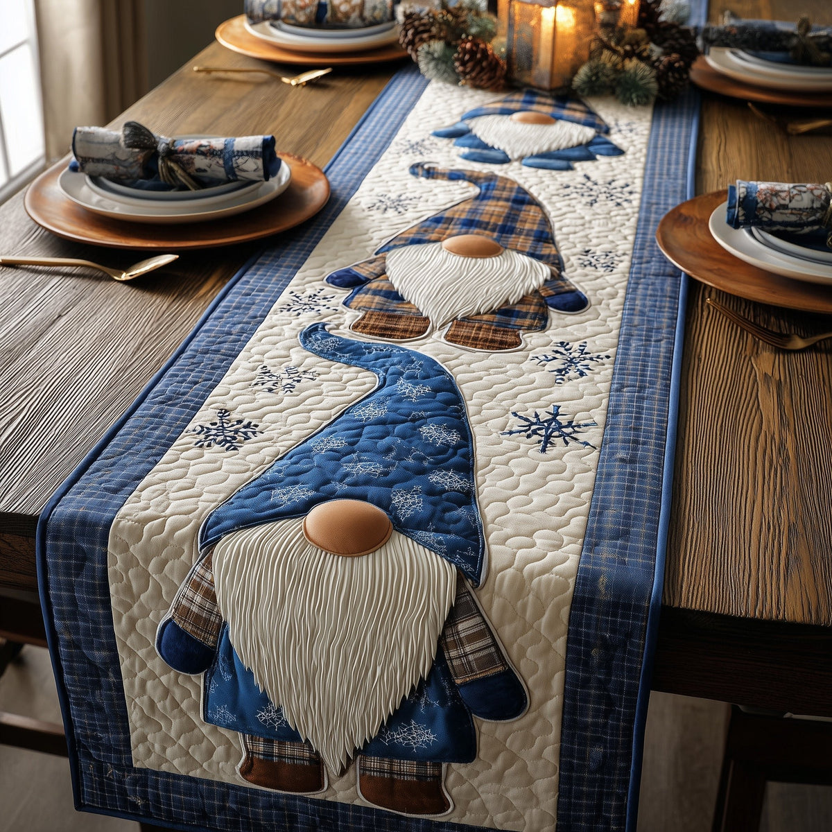 Gnome in Blue Plaid Hat Table Runner