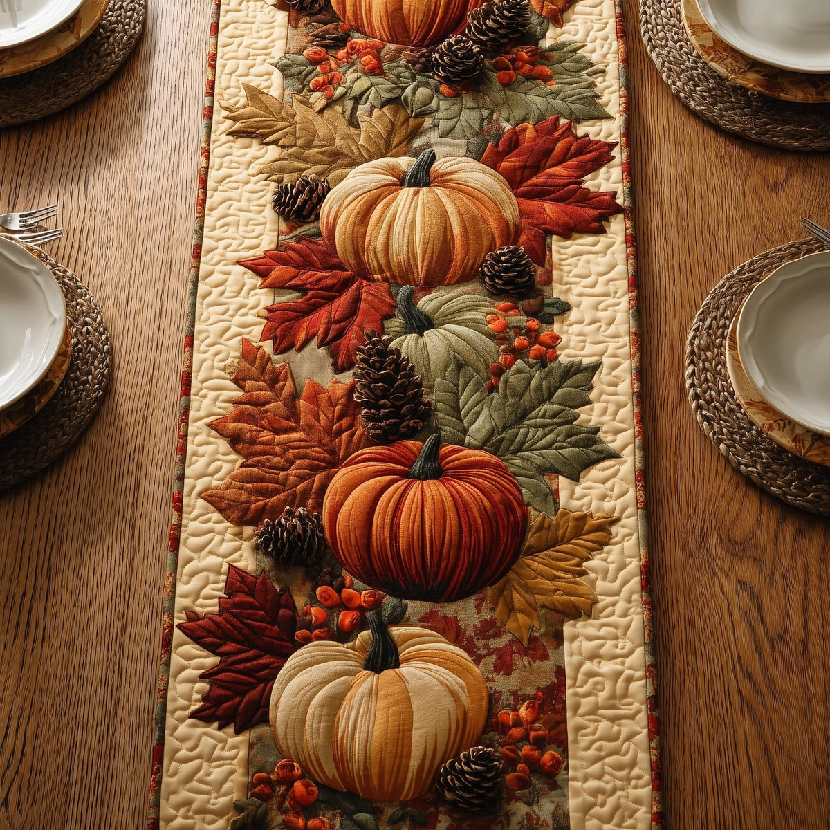 Pumpkins with Autumn Leaves Table Runner