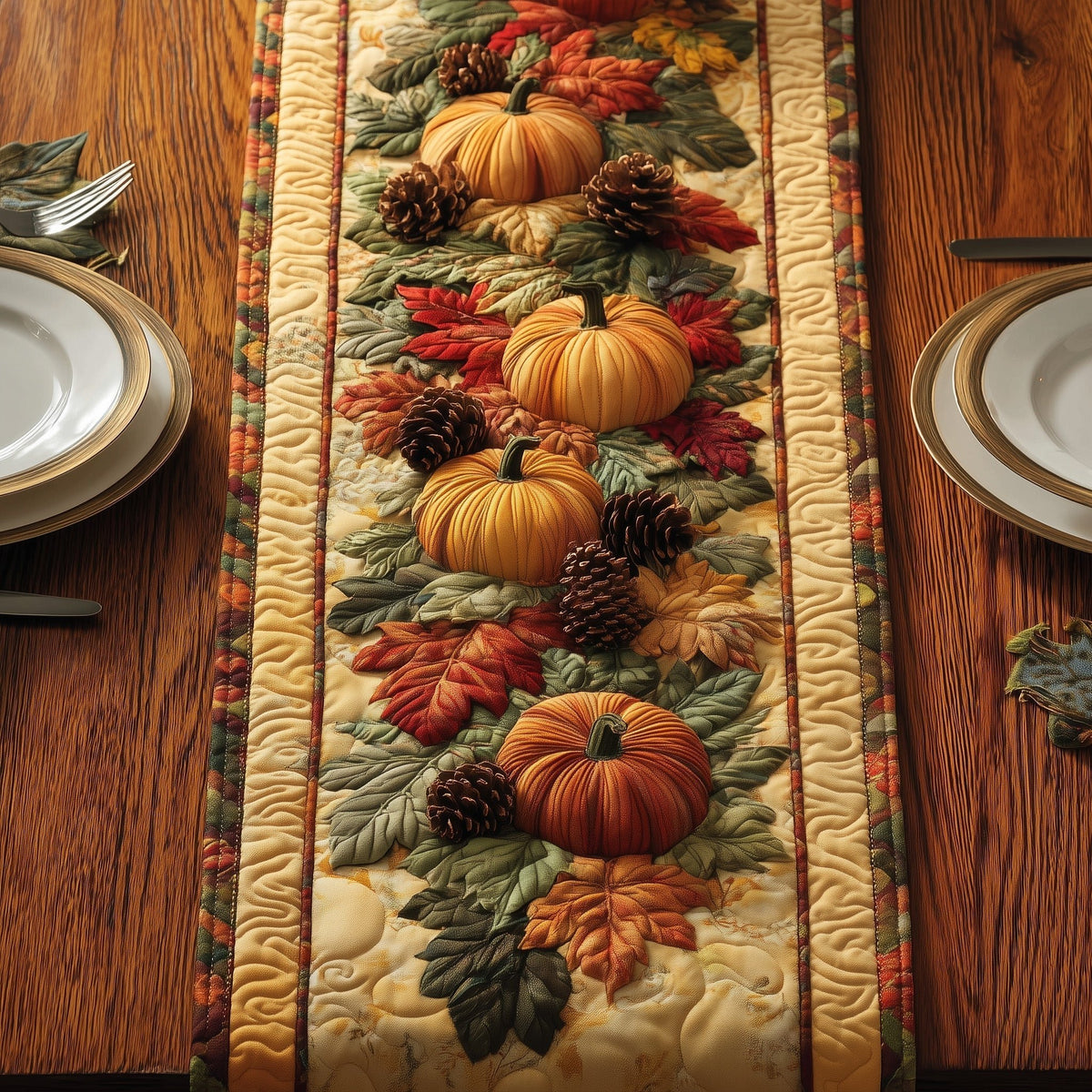 Pumpkins with Pinecones and Foliage Table Runner