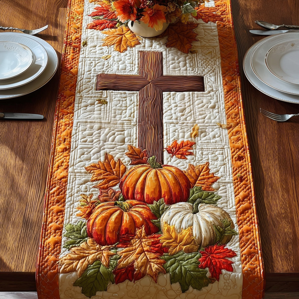 Wooden Cross with Autumn Pumpkins Table Runner