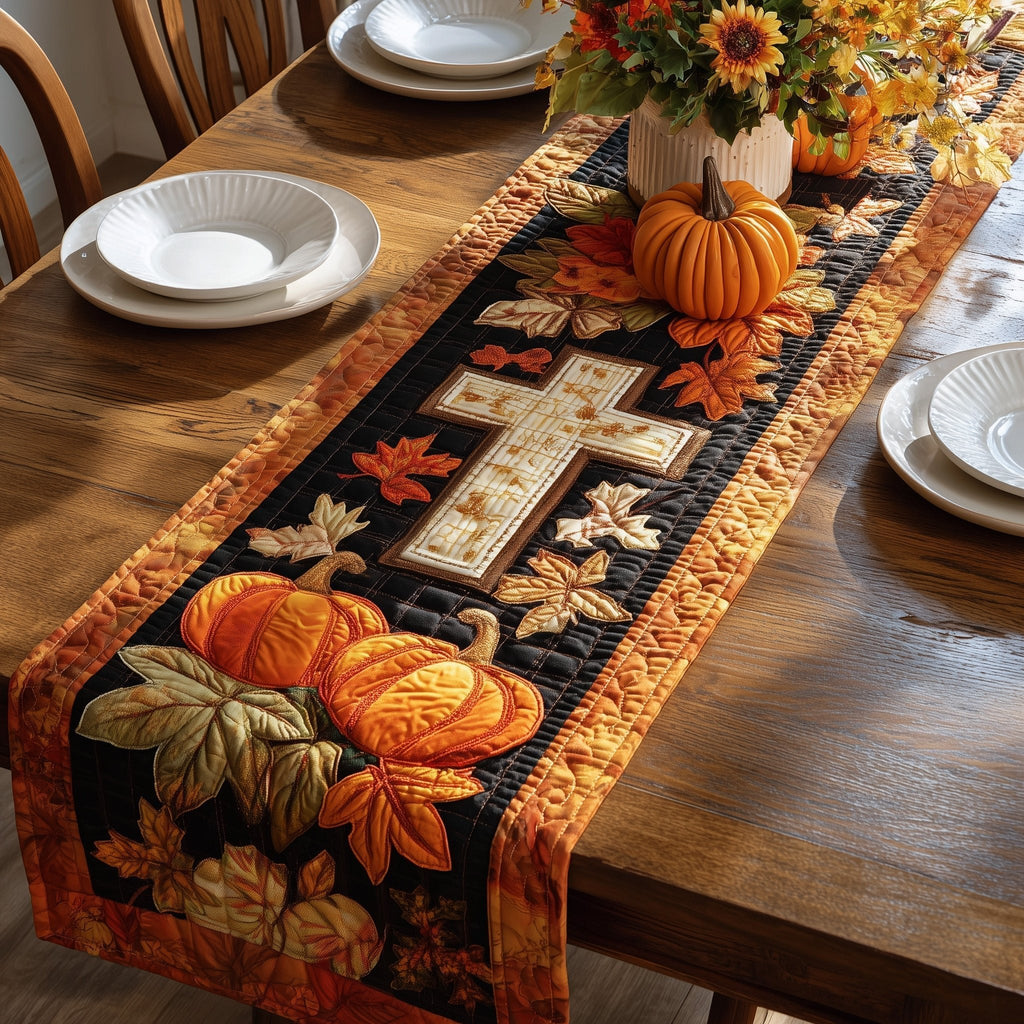 Cross and Pumpkins on Black Border Table Runner