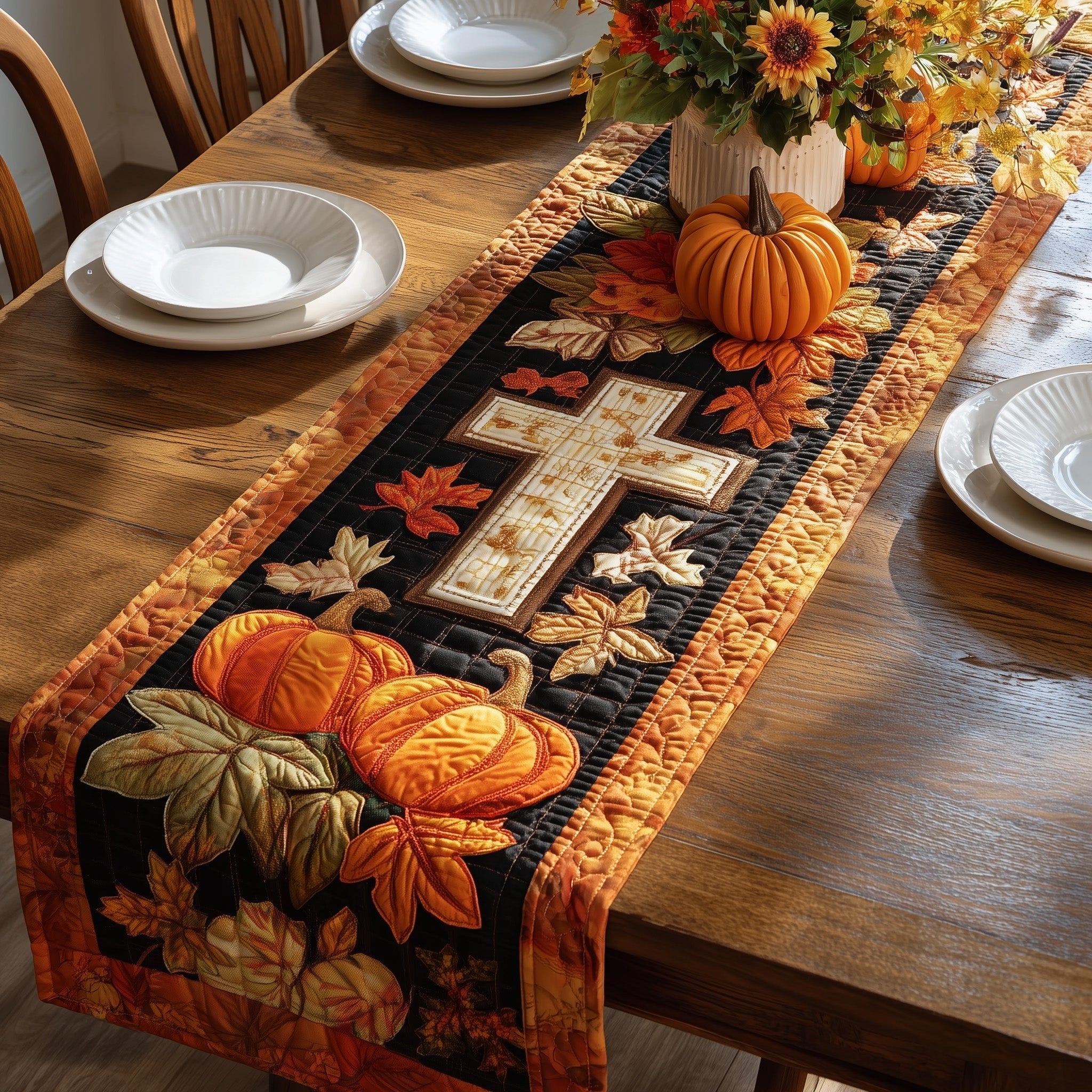 Cross and Pumpkins on Black Border Table Runner