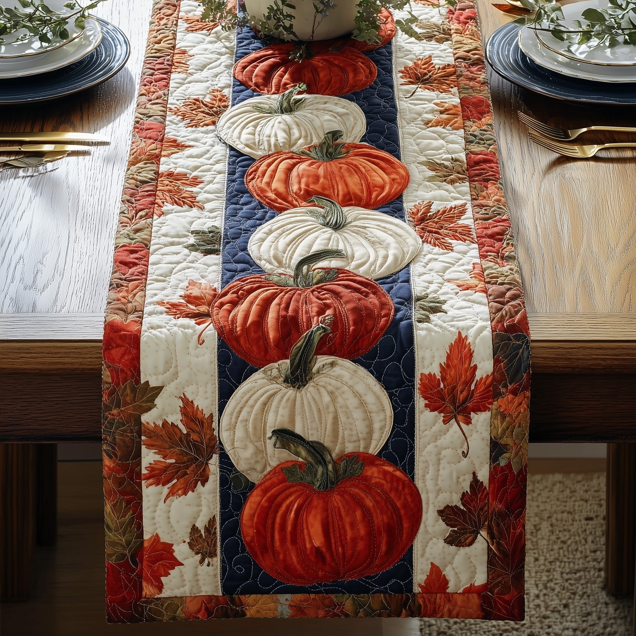 Pumpkins on Red and Cream Stripes Table Runner