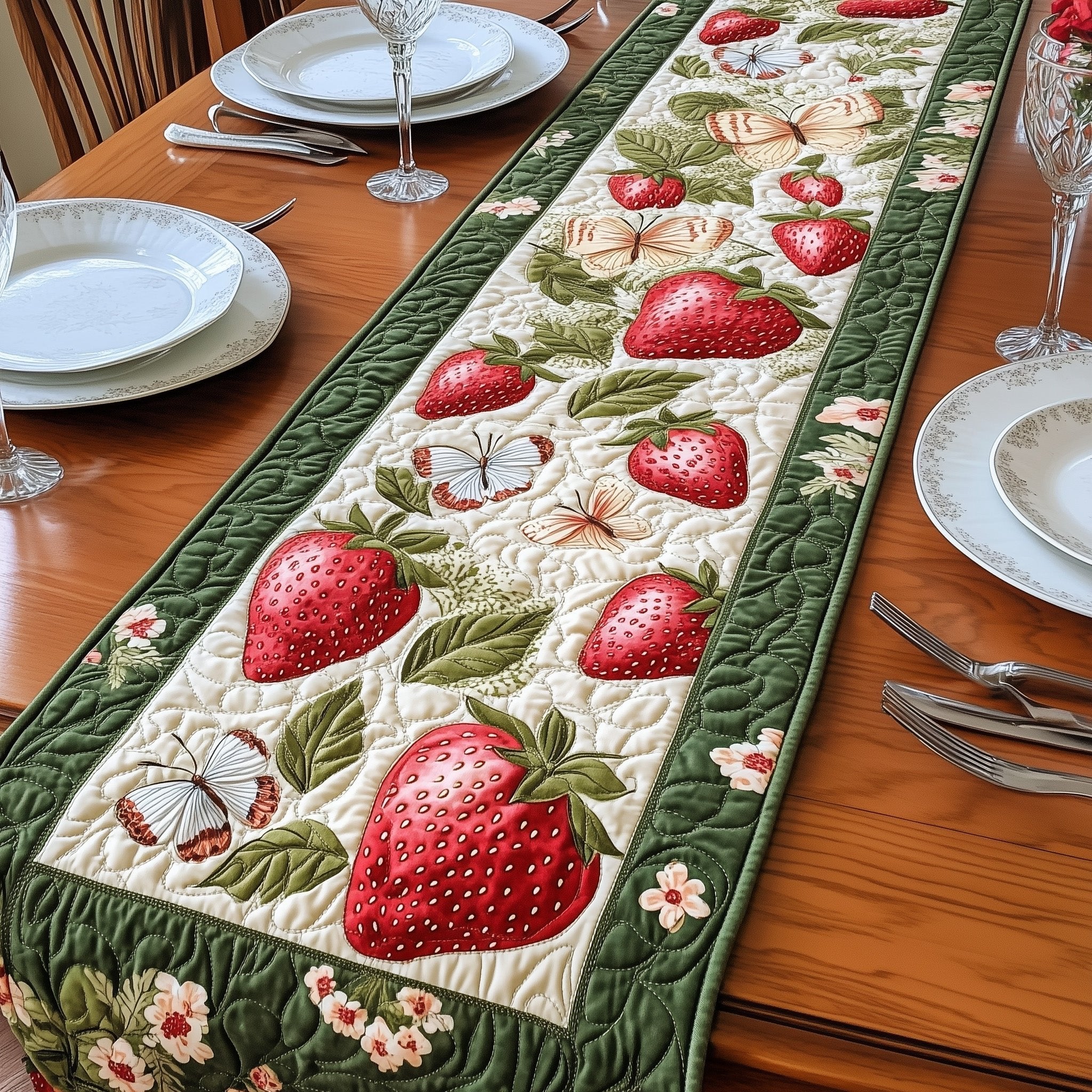 Strawberries and Butterflies on Green Table Runner
