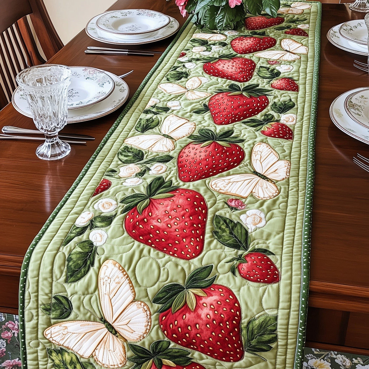 Strawberries with White Butterflies Table Runner
