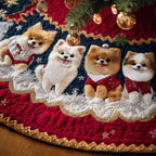 Pomeranians in Scarves on Red Christmas Tree Skirt
