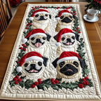 Pugs in Santa Hats with Holly Table Runner