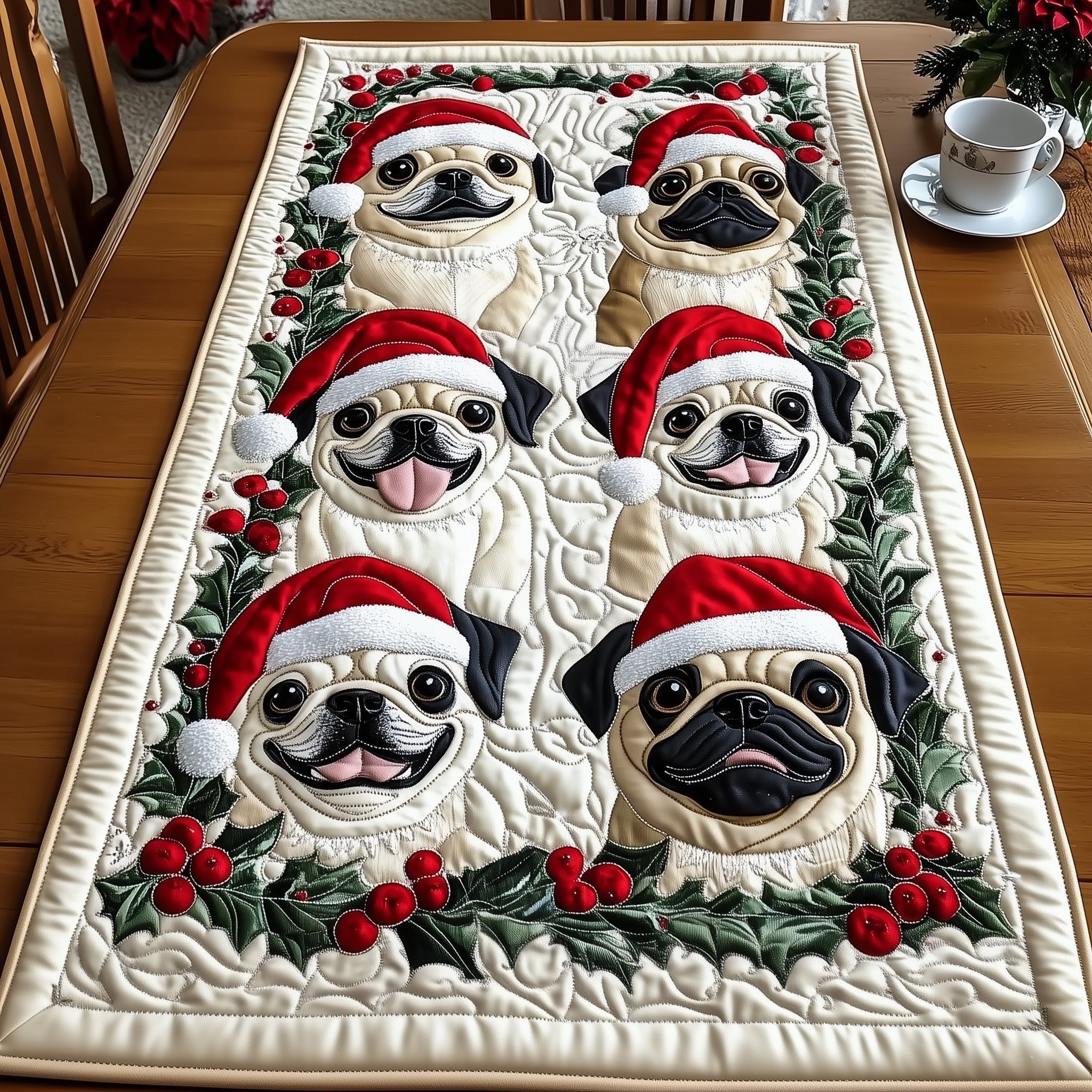 Pugs in Santa Hats with Holly Table Runner