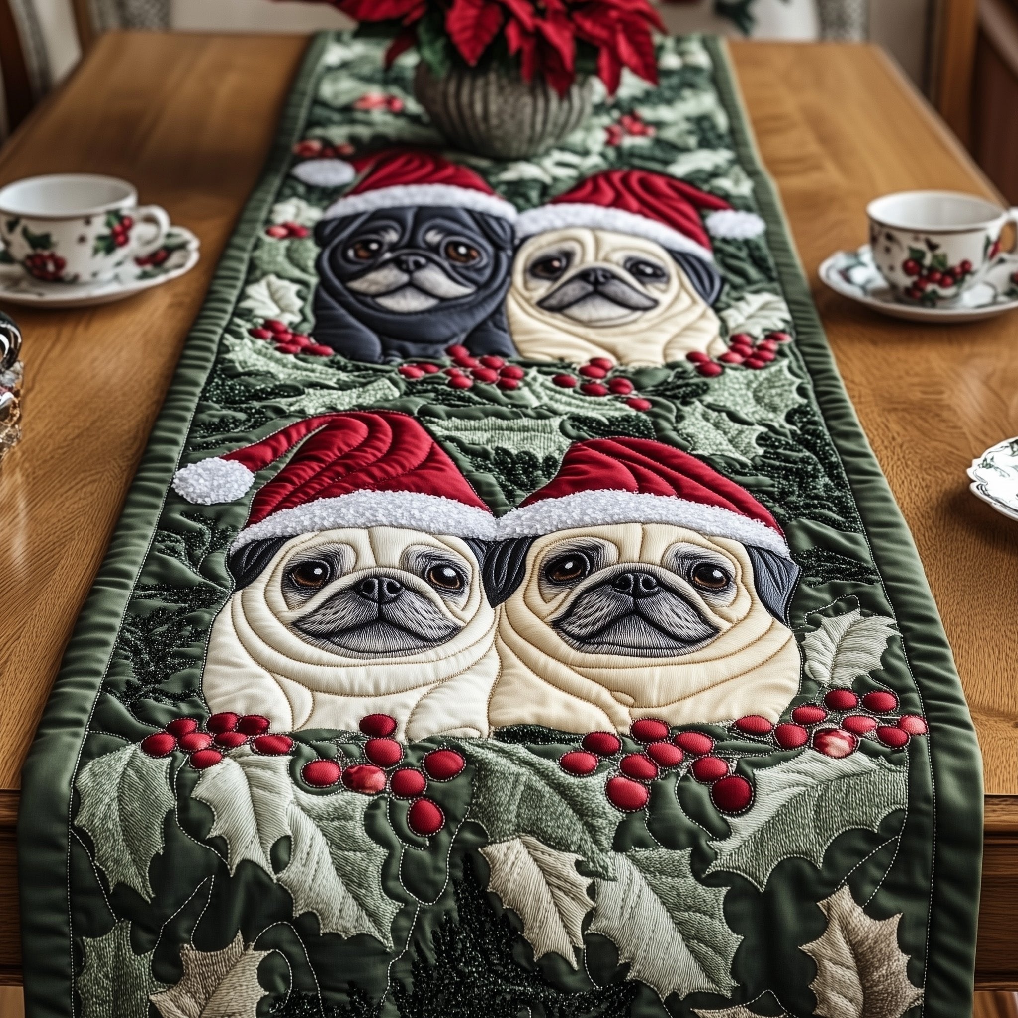 Two Pugs with Santa Hats Table Runner