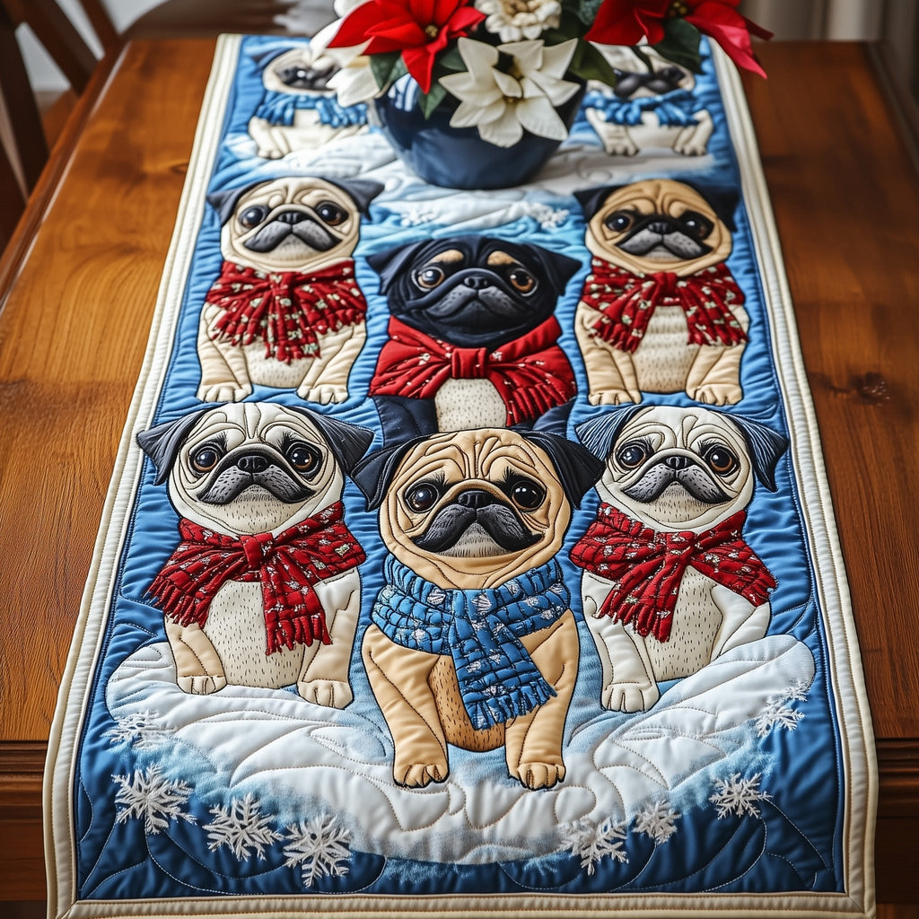 Pugs in Scarves on Blue Snow Table Runner