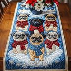 Pugs in Scarves on Blue Snow Table Runner