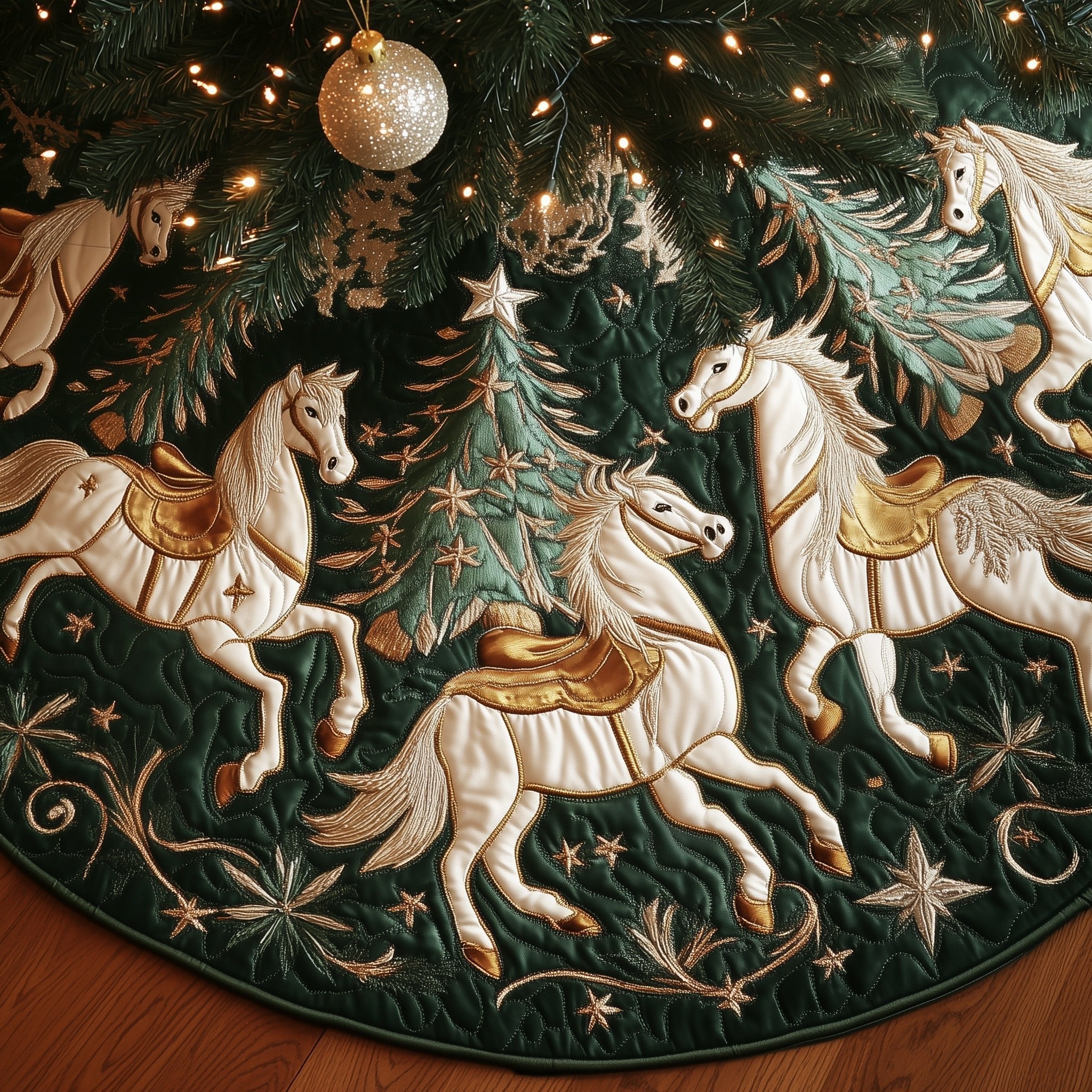 White Horses in the Evergreen Christmas Tree Skirt