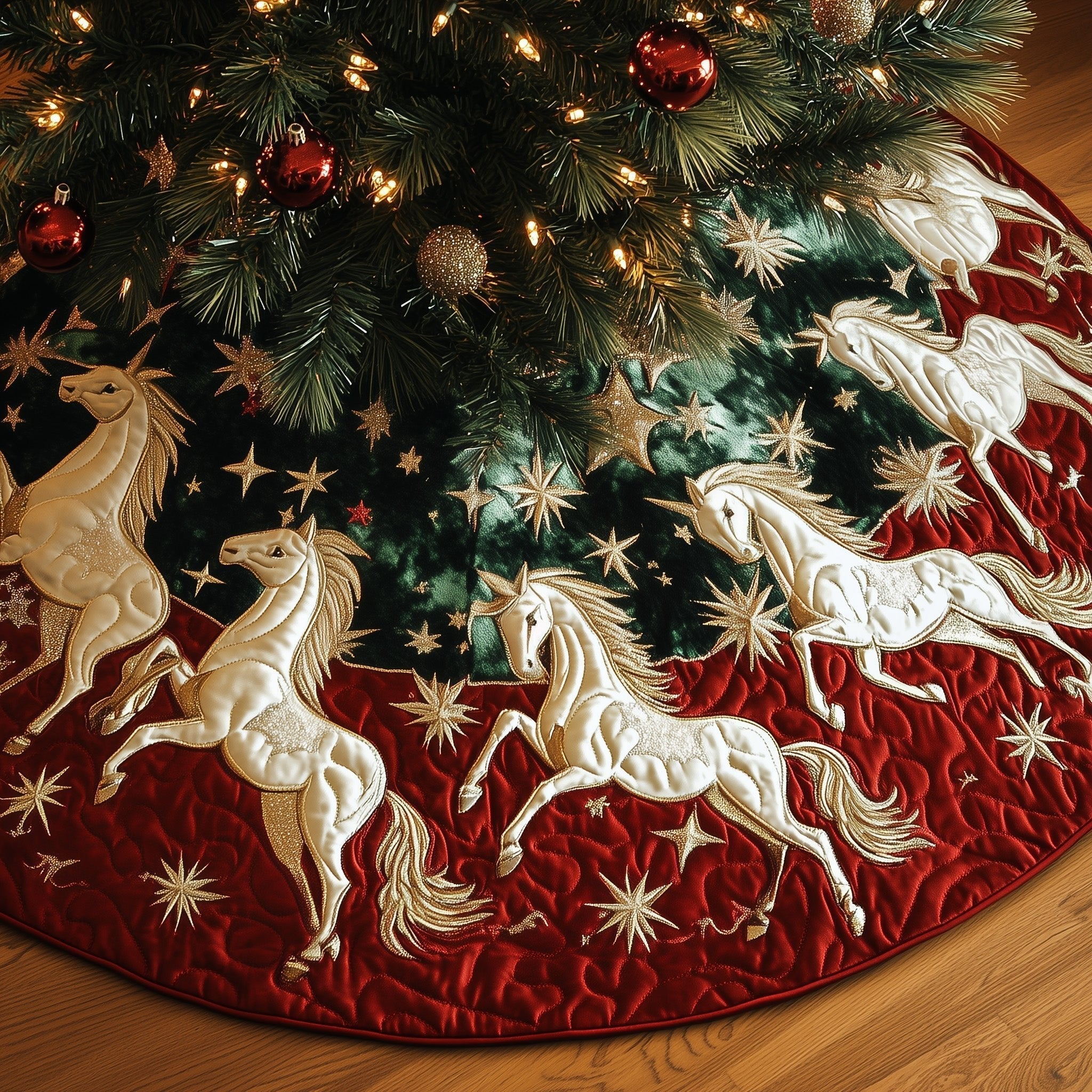 Ivory Horses on Crimson Stars Christmas Tree Skirt