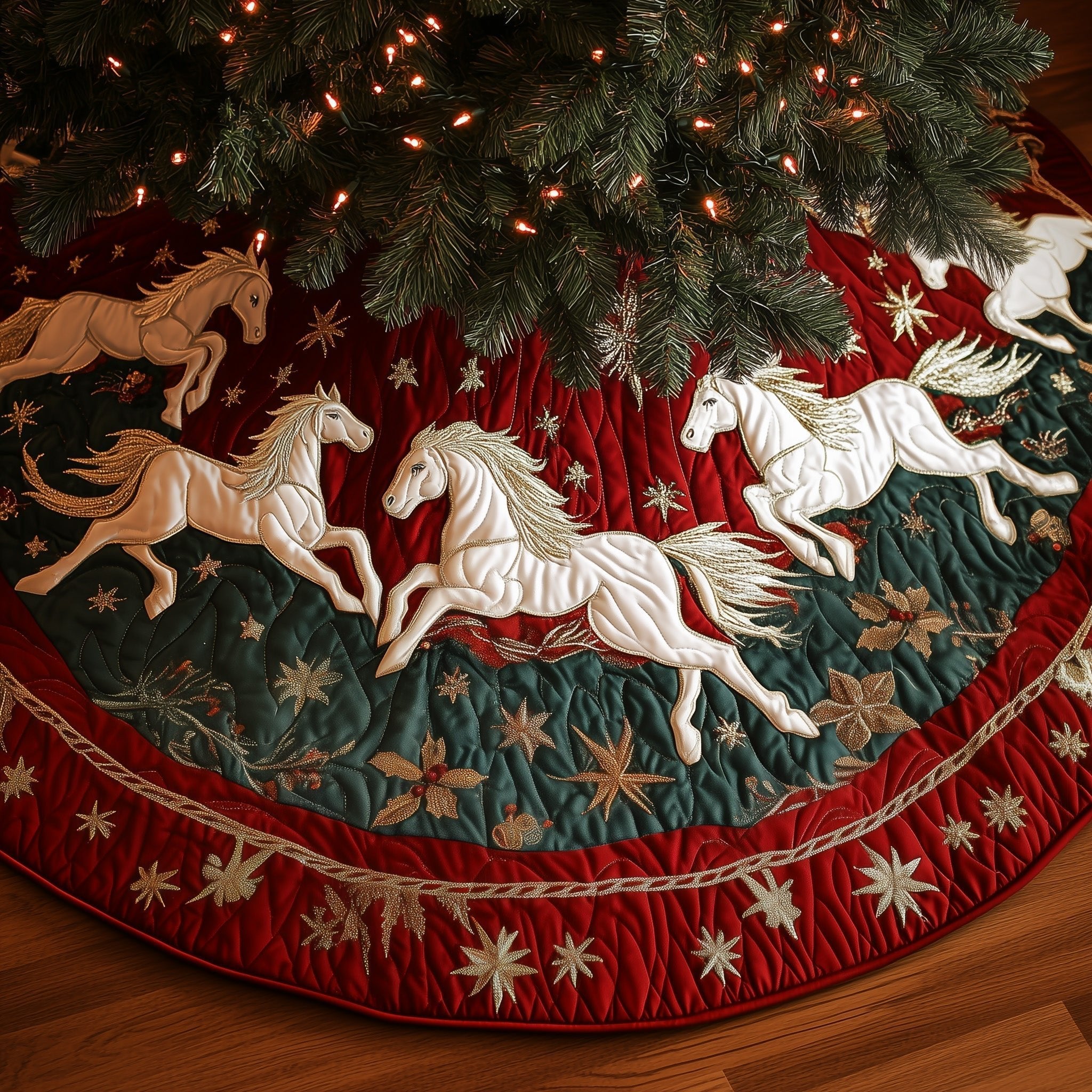 Galloping Horses on the Red Ring Christmas Tree Skirt