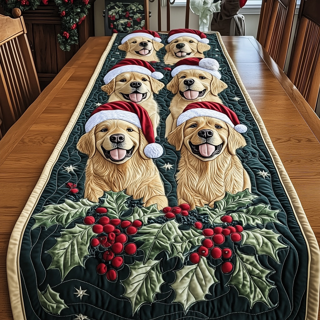 Golden Retrievers in Santa Hats Table Runner
