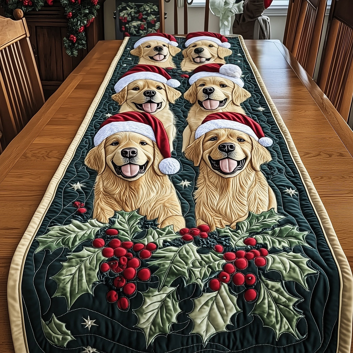 Golden Retrievers in Santa Hats Table Runner