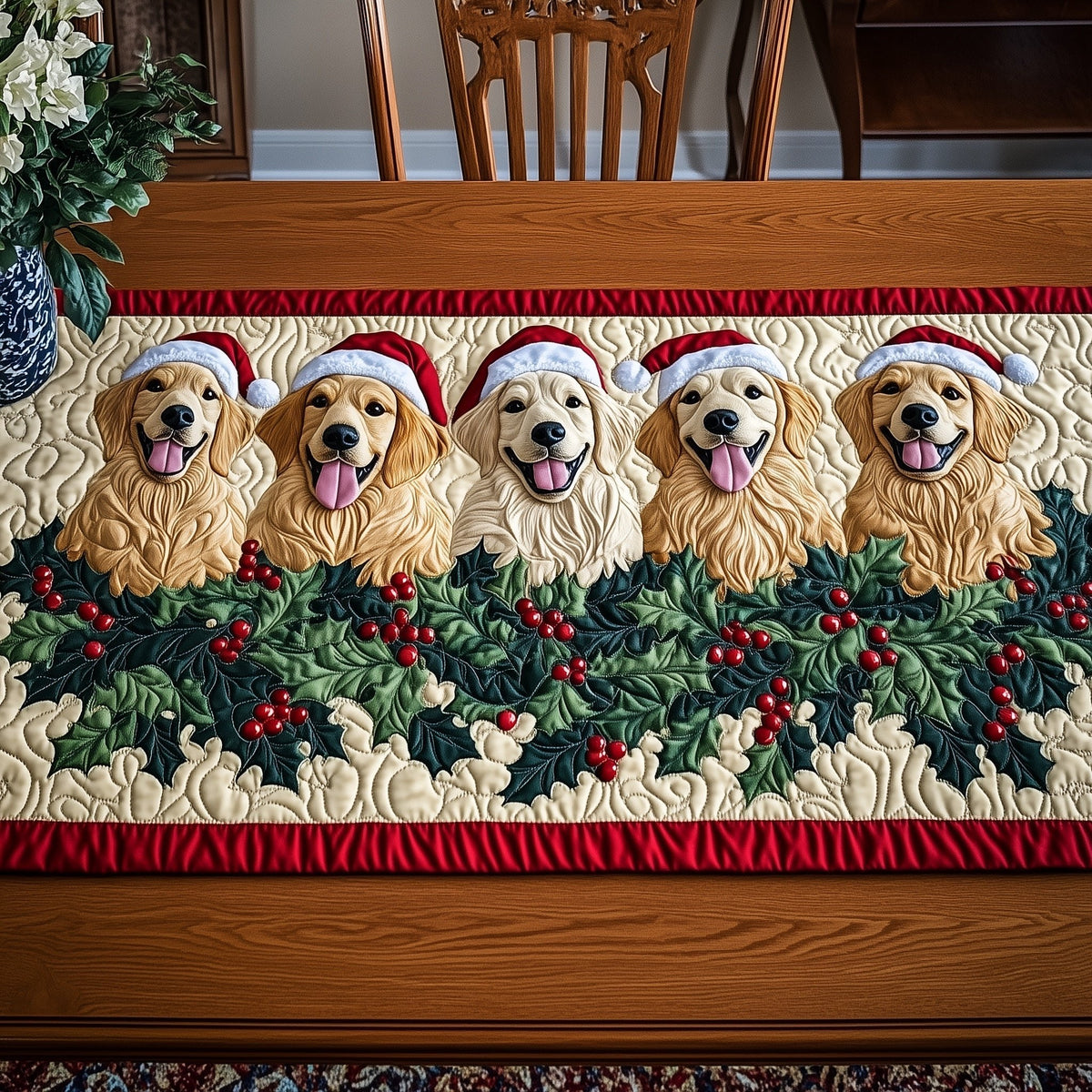 Row of Retrievers with Red Hats Table Runner