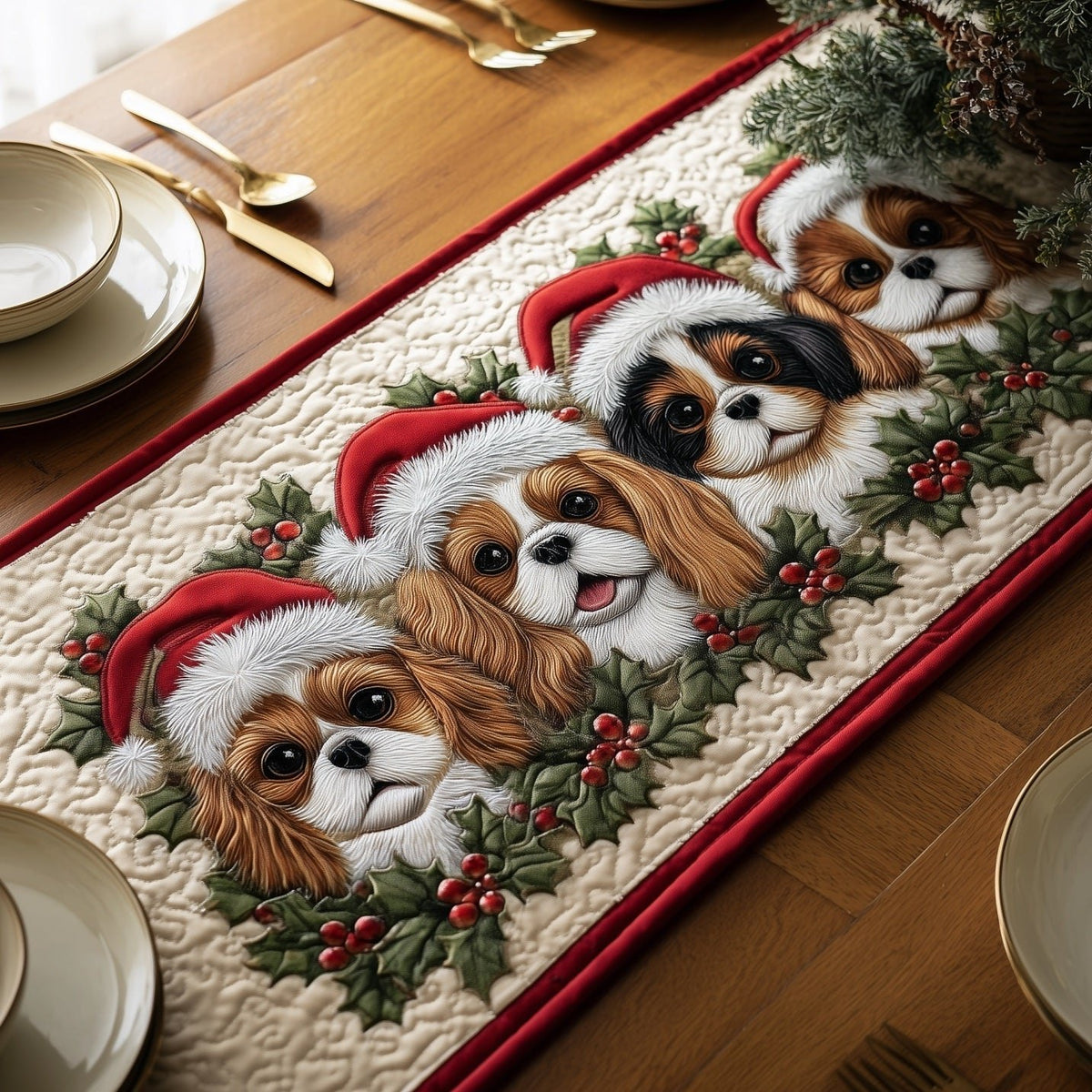 Spaniel Puppies in Santa Hats Table Runner