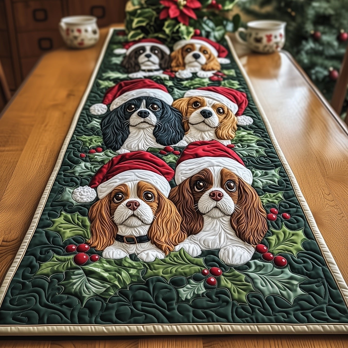 Cavalier Spaniels with Holly Wreath Table Runner