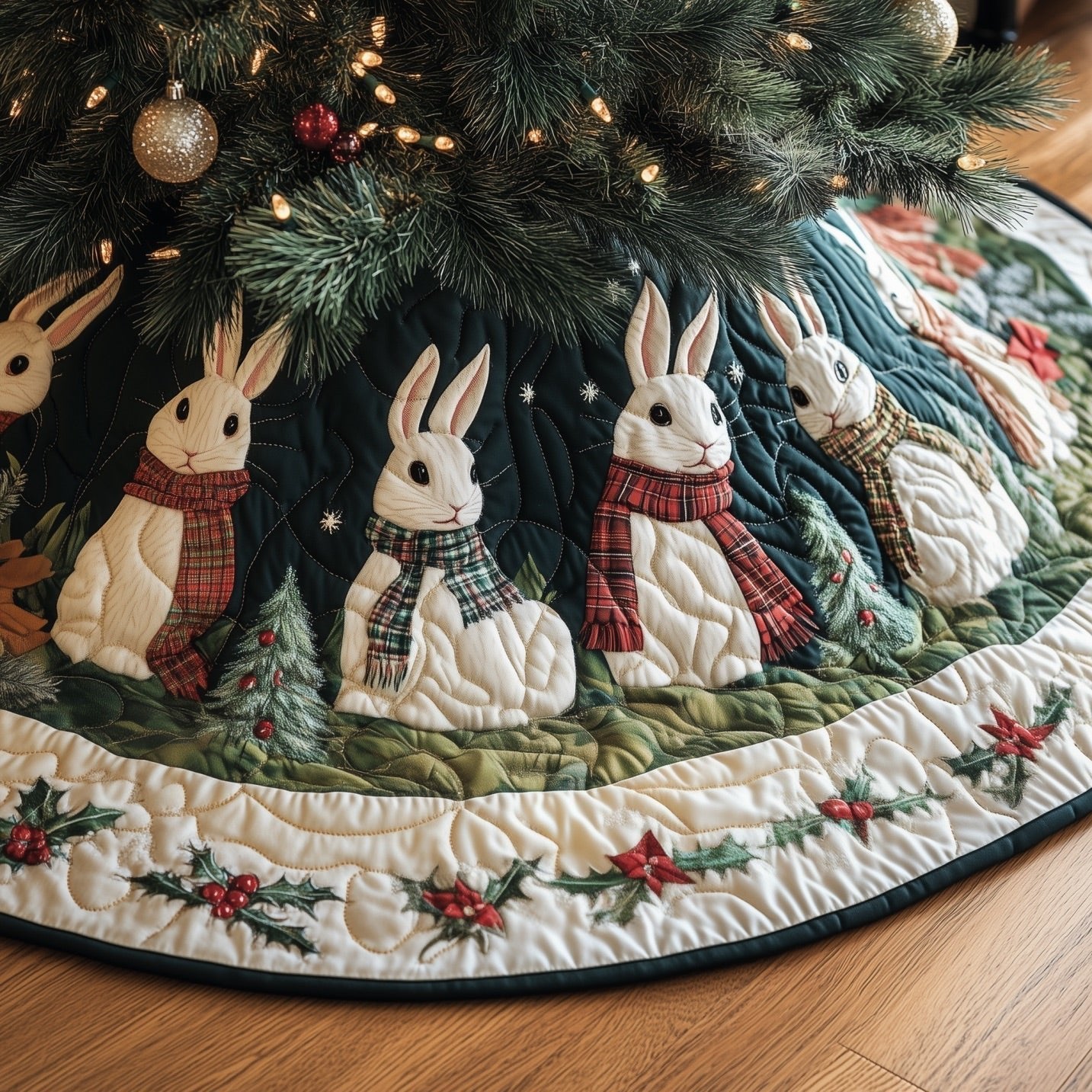 Rabbits in Plaid Scarves Cream Christmas Tree Skirt