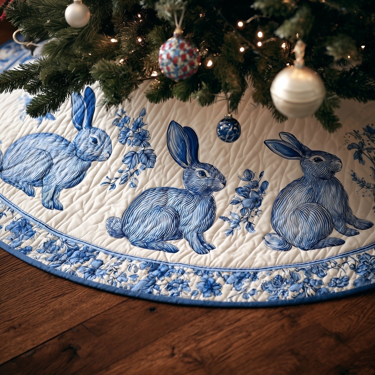 Blue Toile Rabbits on Ivory Christmas Tree Skirt